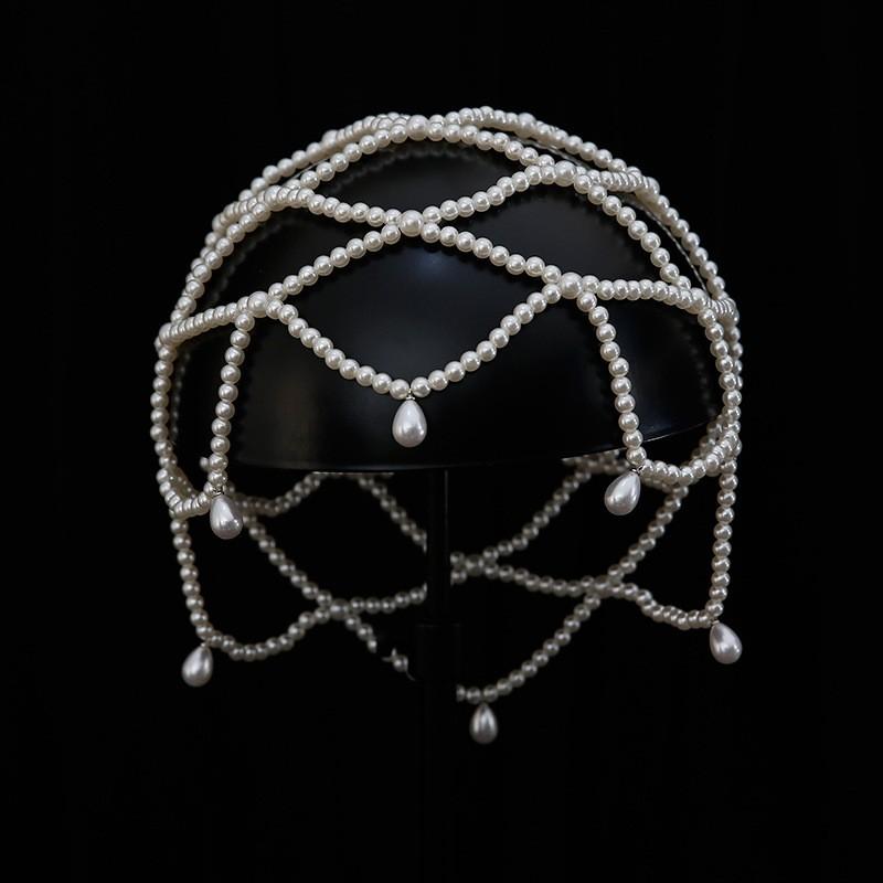 Handmade Bohemian Bridal Headpiece With Pearl Drop Beads Mesh Hair Accessory Wedding Party Fashion Show