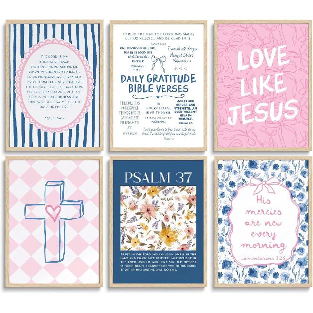 6Pcs Pink Blue Christian Wall Art Bow Bible Verse Floral Canvas Wall Decor Religious Pictures Jesus Scripture Poster Prints Trendy Preppy Painting