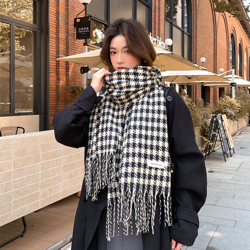 New Student Korean Plaid Versatile Scarf for Women Winter Warm Neck Protection Neck Scarf Tassel Shawl