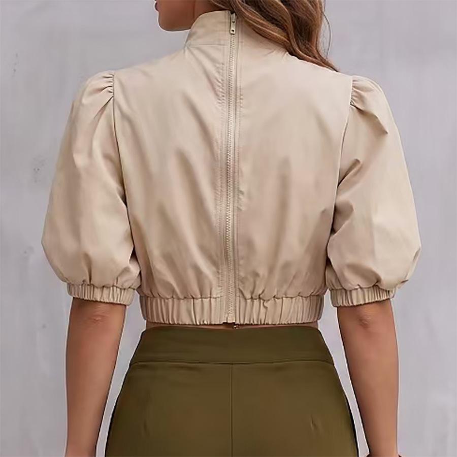 European and American New Design Bow Solid Color Lantern Sleeve Top Stand-up Collar Casual Short Shirt Women