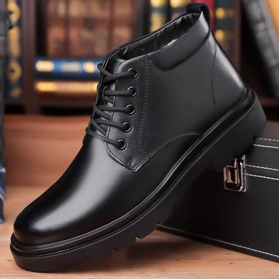 Large Size Leather Men's Shoes Fleece Thermal Cotton Leather Shoes British Fashion Snow Boots Lace-up High-top Non-slip Men's Boots