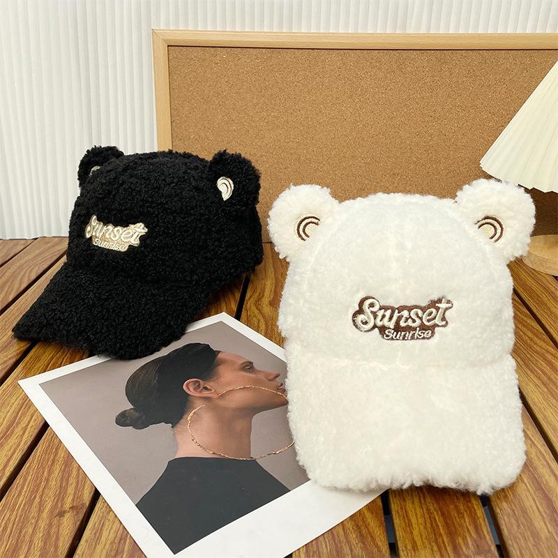 Korean Version Ins Cute Bear Ears Hat Women's Lamb Velvet Letter Embroidered Baseball Cap Winter Warm Peaked Cap