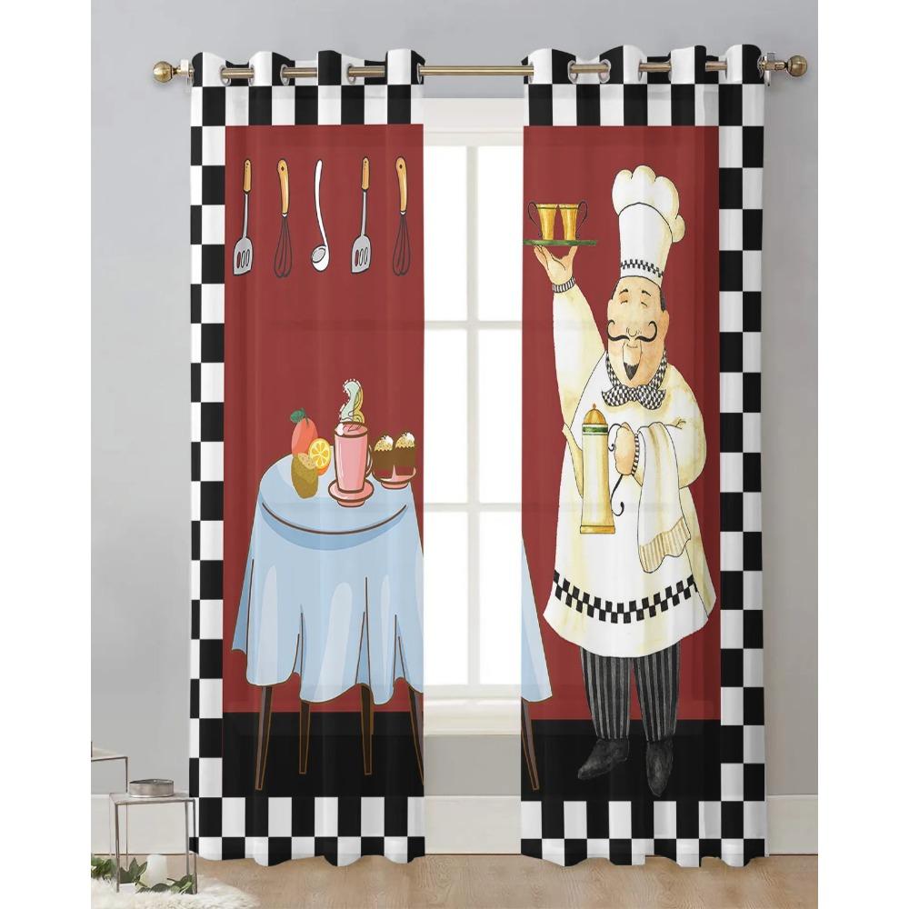 Red Black And White Plaid Kitchen Cook Gourmet Knife Sheer Curtains Living Room Kitchen Decoration Tulle Voile Window Curtain