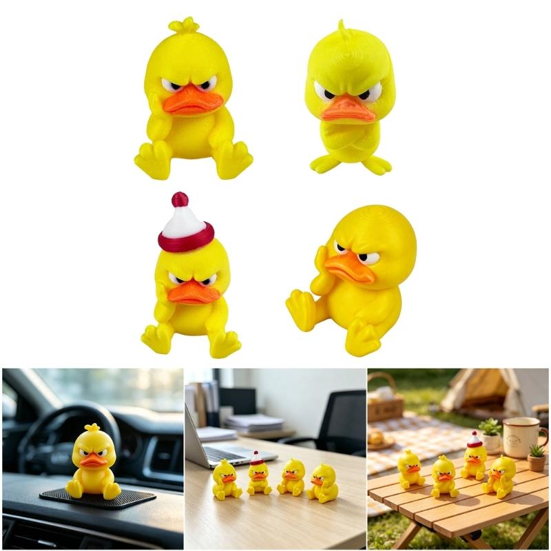 Cartoon Angry Duck Figurine Set, 4 Piece 3D Printed Yellow Duck Figures for Desktop Placement, Display Shelf Accent, and Office Shelf Use, Collectible