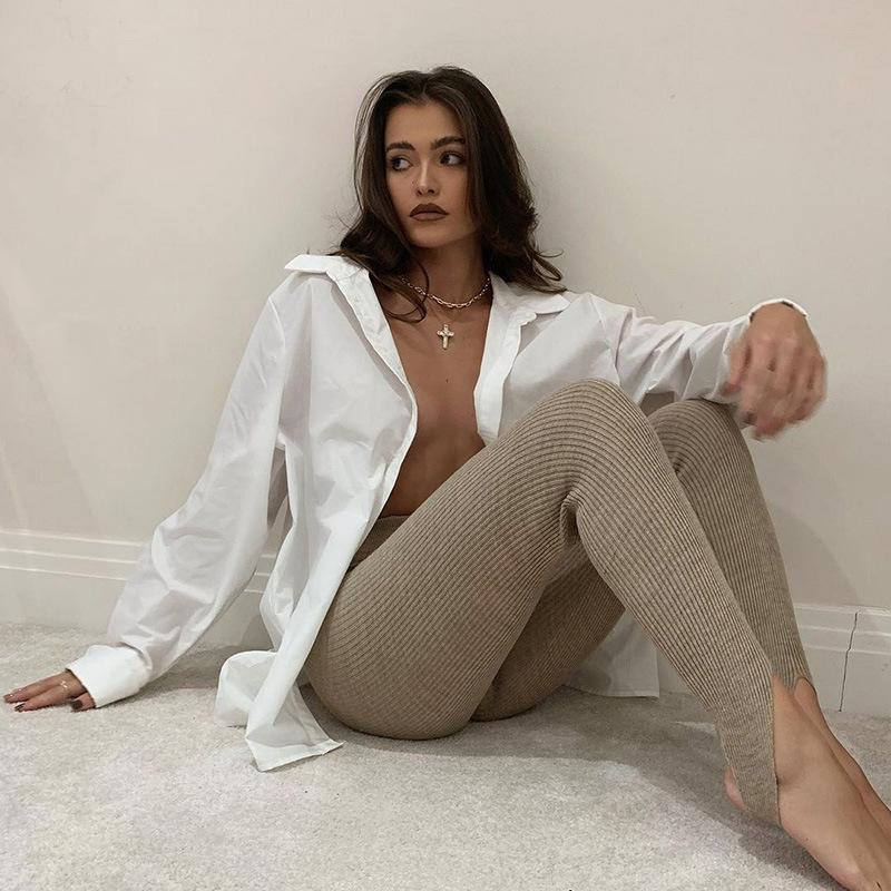 Ribbed Knit Leggings Women High Waist Cotton Fitness Basic Pants Casual All-Match Female Skinny Leggings