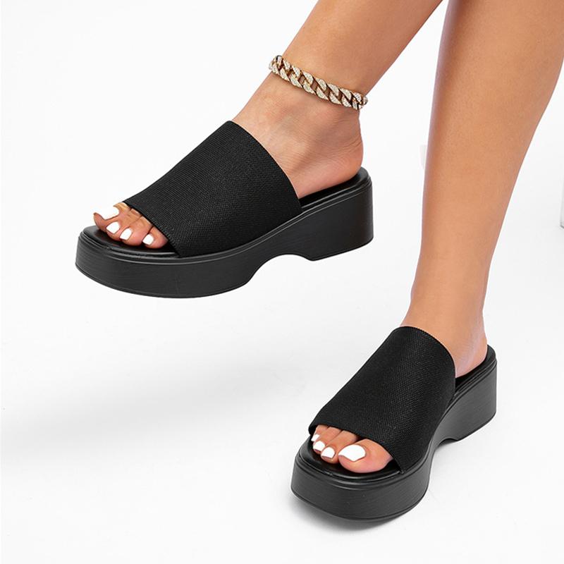 Summer Open Toe Cozy Wedges Slippers For Women Black Stretch Fabric Casual Platform Sandals Low Heels Shoes Mules Slides