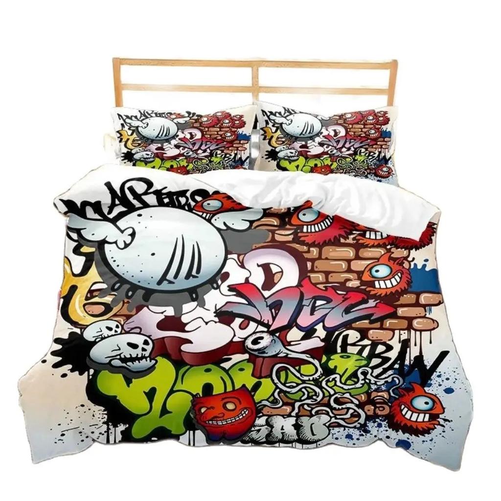 Hippie Graffiti Bedding Set Teens Adults Hip Hop Duvet Cover Set King Queen Size Youth Comforter Cover Modern Street Art Cover