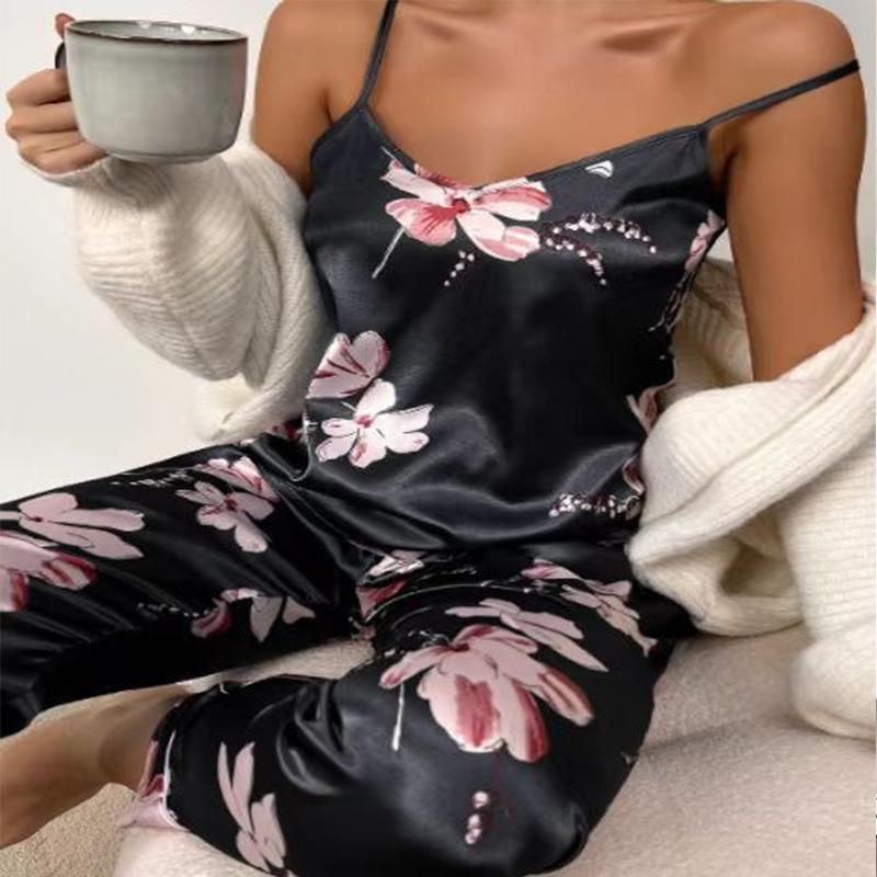 2Pcs/set Ladies Camisole Pajamas Set Simulation Silk Printing Backless Adjustable Sleeveless Trousers College Students Homewear