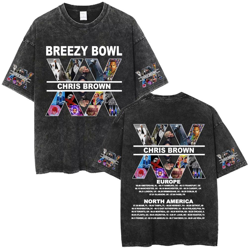 Rapper Chris Brown Breezy Bowl XX Tour  Vintage Washed Tshirts Men Women Hip Hop Fashion T Shirts Male Cotton Retro Tshirt