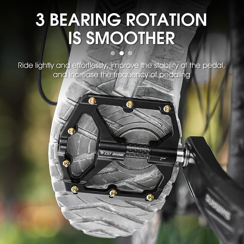 WEST BIKING 3 High-Speed Bearing Pedals Carbon Fiber Spindle Tube Aluminum Alloy Platform Pedals MTB Anti-Skid Lightweight Parts