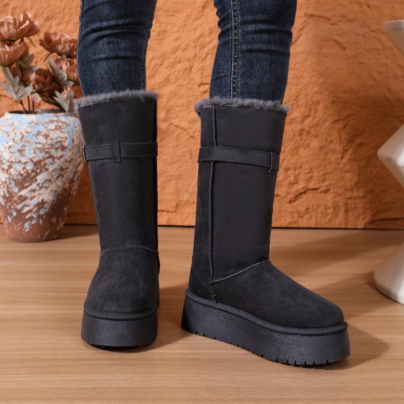 Hohe Schneestiefel Winter Neu Runde Zehen Wildleder Schnalle Plateau Warm Rutschfest Verschleißfest Baumwollstiefel