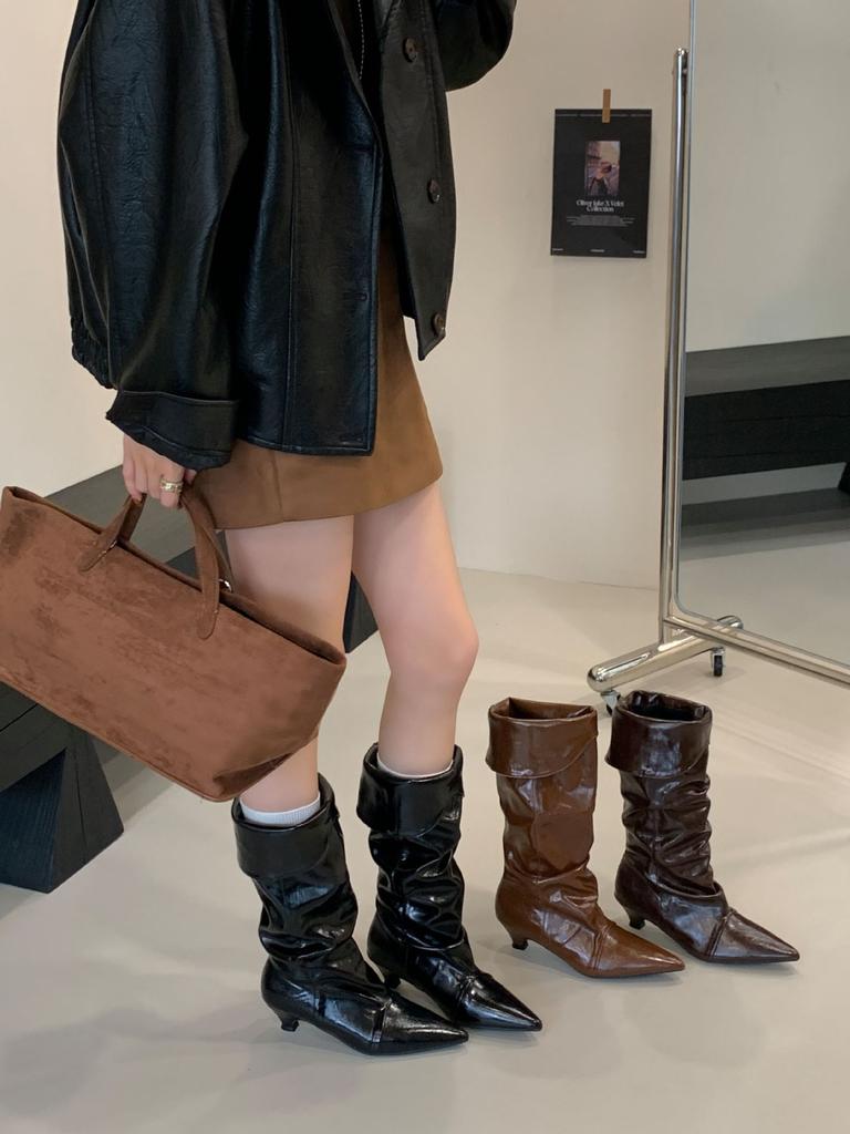 Europe, America 2025 new kitten heel pointed retro pleated sleeve stacking boots wide tube women's two wear medium tube boots