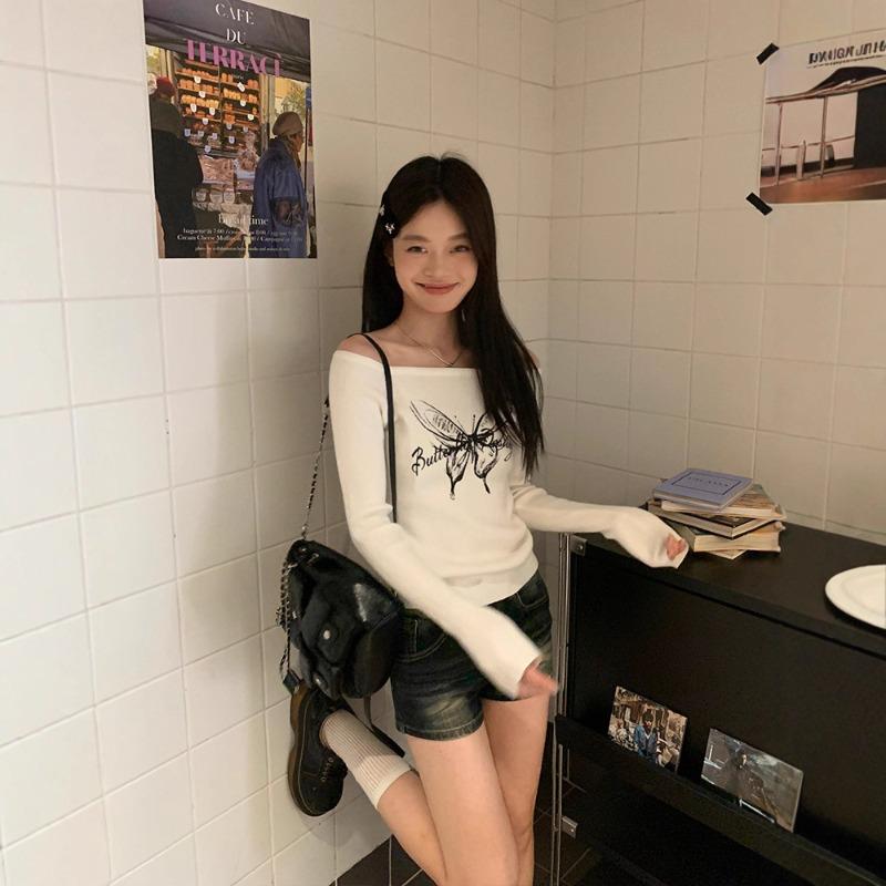 Song Zhengen Butterfly Printed Off-Shoulder Shoulder Sweater Women's Spring Shoulder Slim-fit Spice Girl Premium Knitted Sweater Top