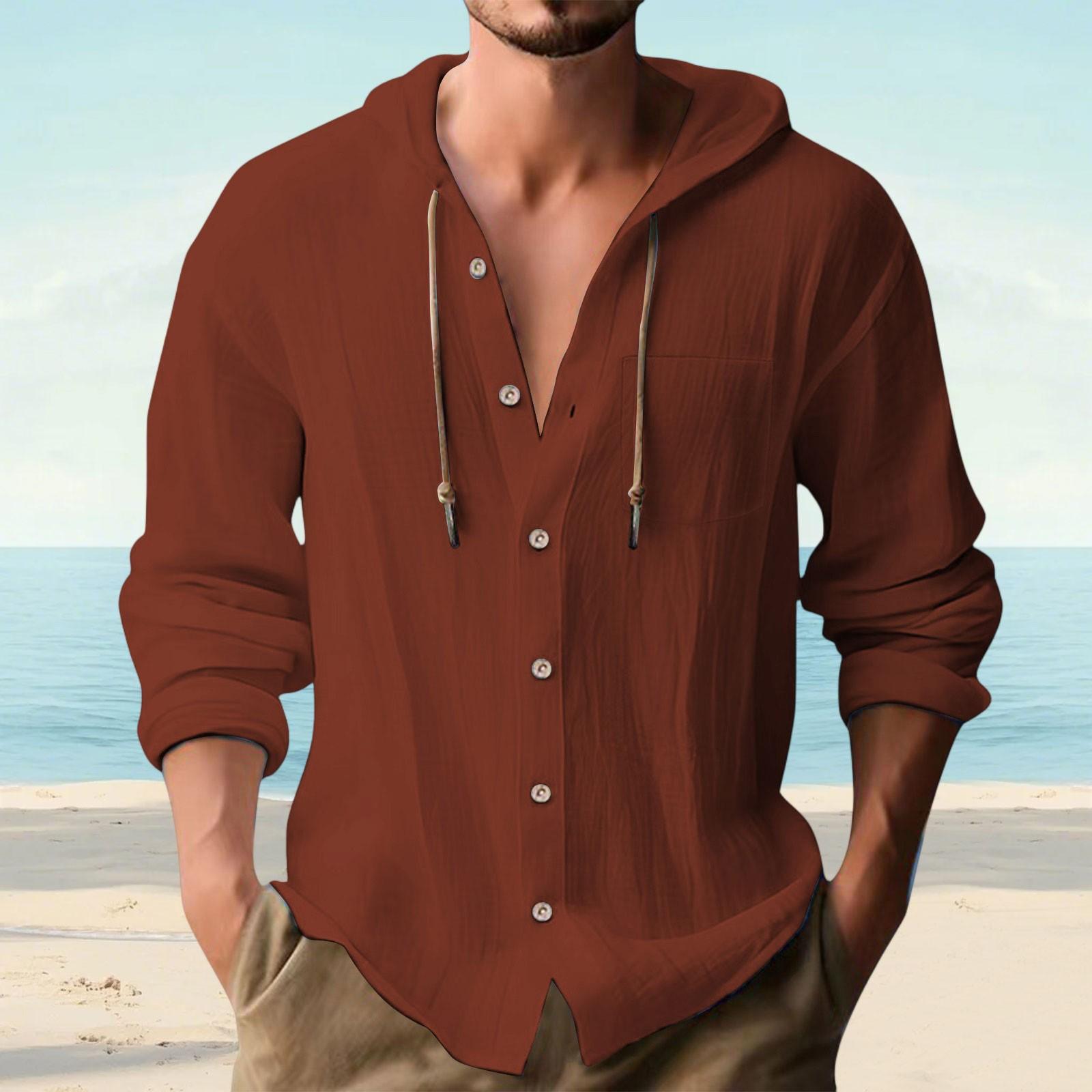 

Men s Cotton And Linen Button Pocket Casual Breathable Long-sleeved Hooded Shirt M винний