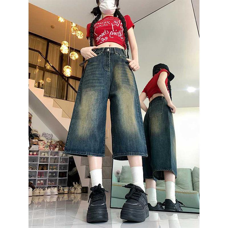 Women s High Waist Wide Leg Capri Jeans Loose Fit Vintage Washed Cropped Denim Pants S