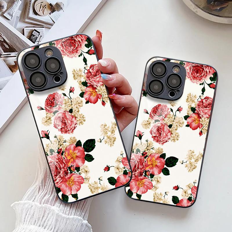Applicable iPhone17ProMax Spring Flowers Metallic Lacquer Glass Mobile Phone Protective Case 17 All Inclusive 15 Fine Holes 16