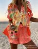 Summer European and American Women's Clothing Bamboo Hemp 1D Digital Printing Short-sleeved Shirt Beach Shorts Casual Two-piece Set