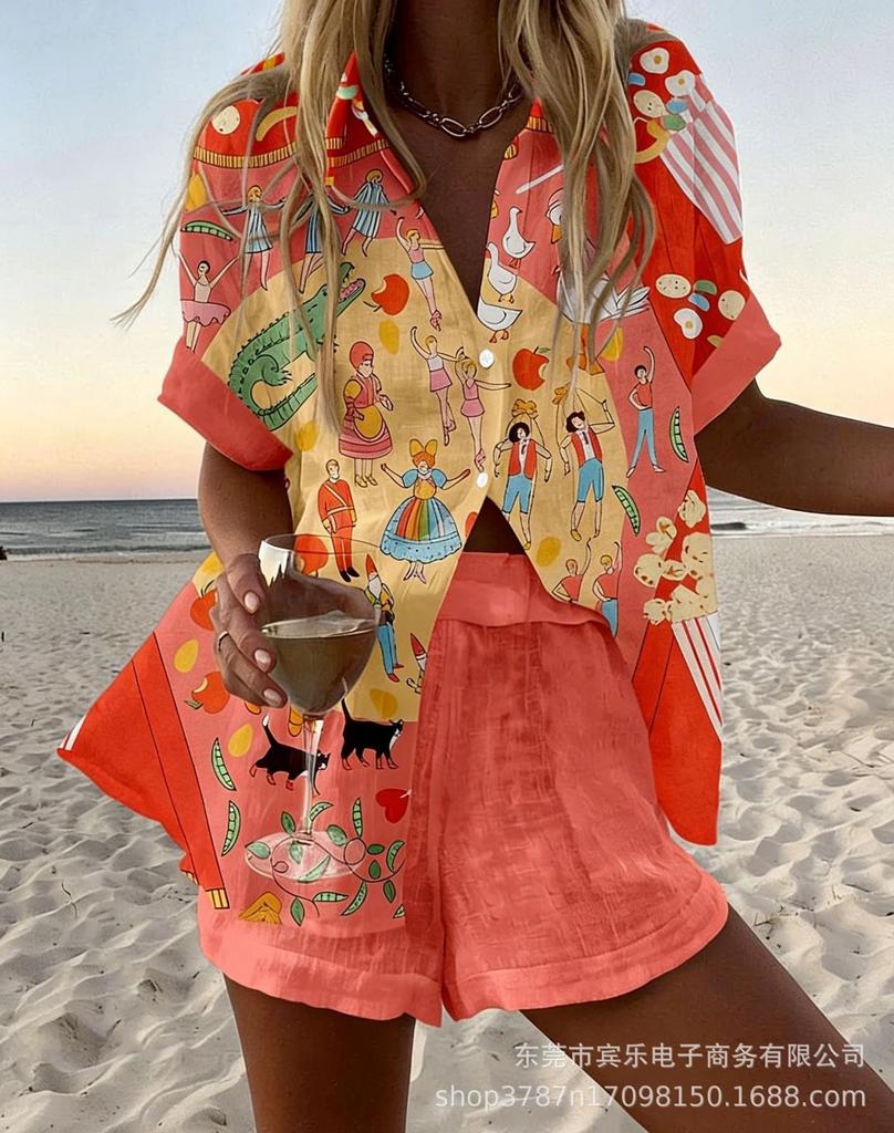 Summer European and American Women's Clothing Bamboo Hemp 1D Digital Printing Short-sleeved Shirt Beach Shorts Casual Two-piece Set