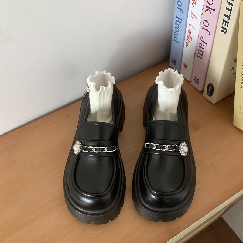 Women'S Fashion Thick Heel Shoes Spring New Round Head Deep Mouth Metal Chain Thick Sole Anti-Slip Wear-Resistant High Heels