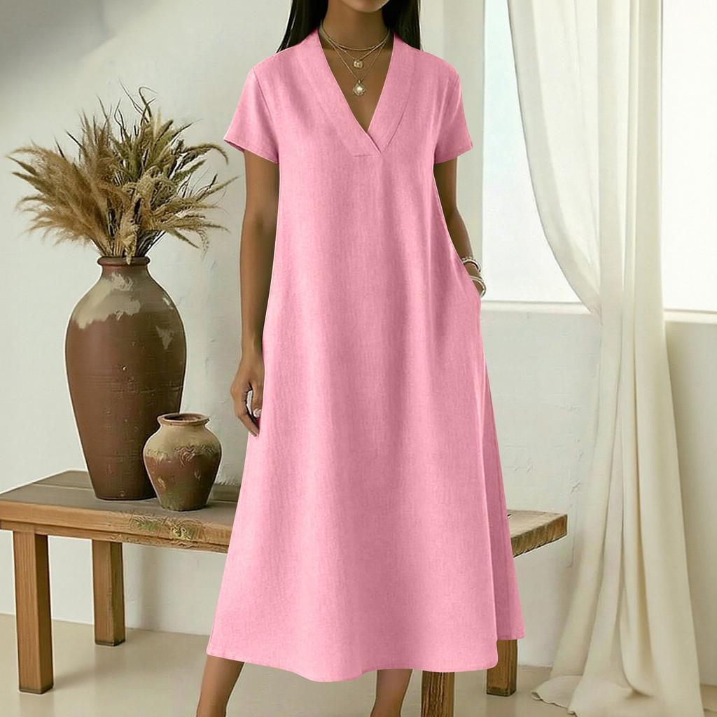 Women's V-neck Short-sleeved Mid-length Loose-fitting Dress With Large Pockets And Casual