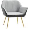 Synthetic Leather and Velvet Chair with Striped Backrest Gold Legs and Padded Seat for Living Room Bedroom Gray