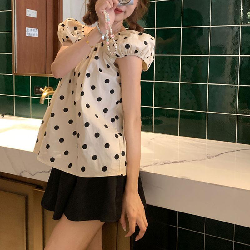 French Sweet Polka Dot Blouse Summer Fashionable Puff Sleeve Women's Casual Loose Round Folds Basic Shirts