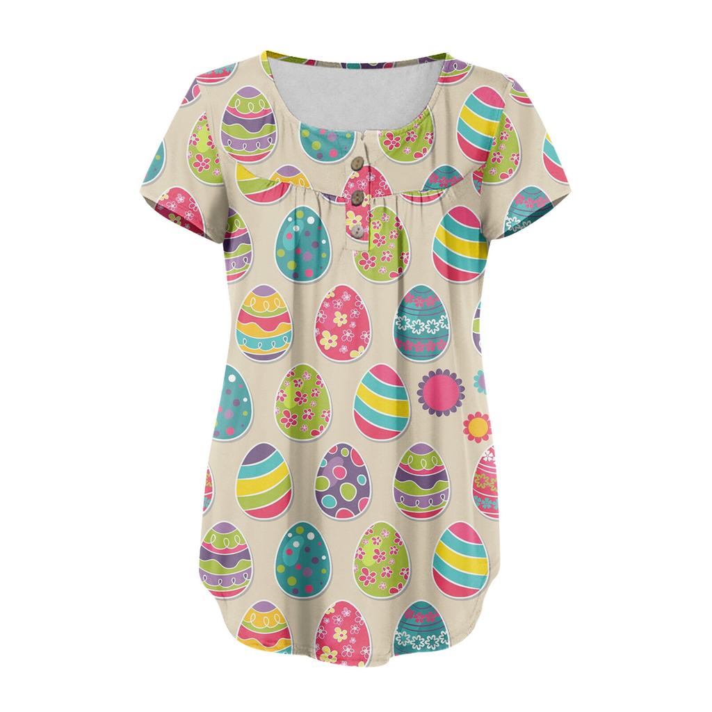 Women's Short Sleeve V Neck  Easter Day Print  Print Button T-Shirt Top