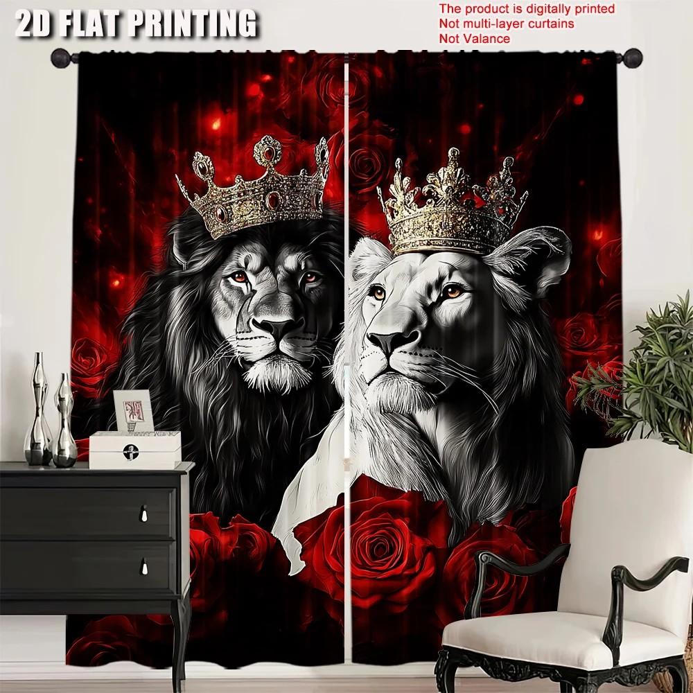 2 PCS Royal Lion and Red Rose Print Curtains, Stylish 2D Flat Digital Design, Light Filtering Fabric, Perfect Valentine's Day Li