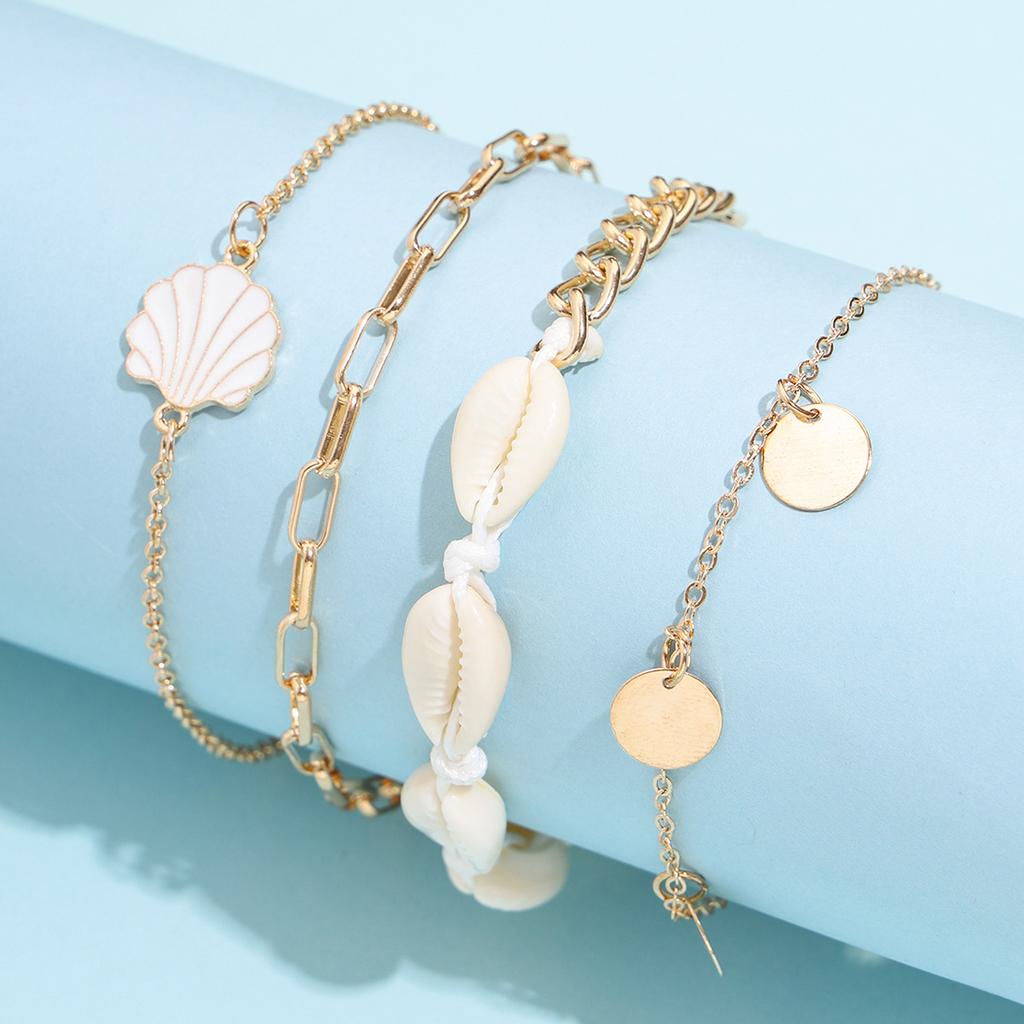 4PC Summer Fashion JHand-knitted Ladies Beach Crushed Stone Chain Boho Shell Charm Ankle For Women Bracelet On The Leg Jewelry