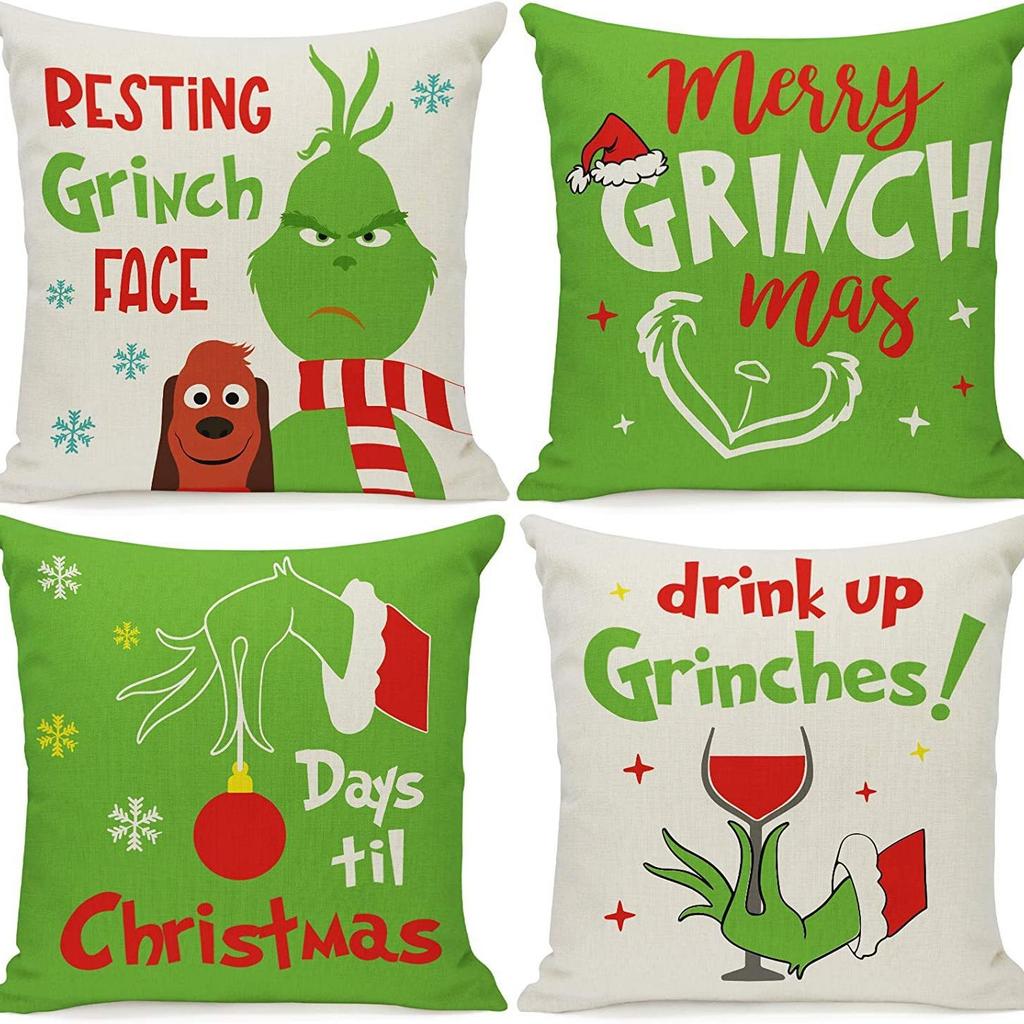 New Funny Designs and Popular Christmas Green Haired Weird Grinch Linen Pillowcase Living Room Bedroom Backrest Cover