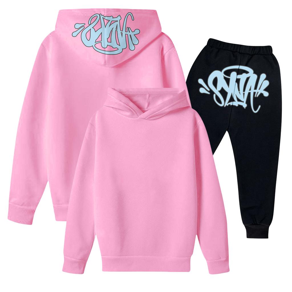 Kids' Long Sleeve Loose Pullover Letter Print Drawstring Hooded Sweatshirt Set