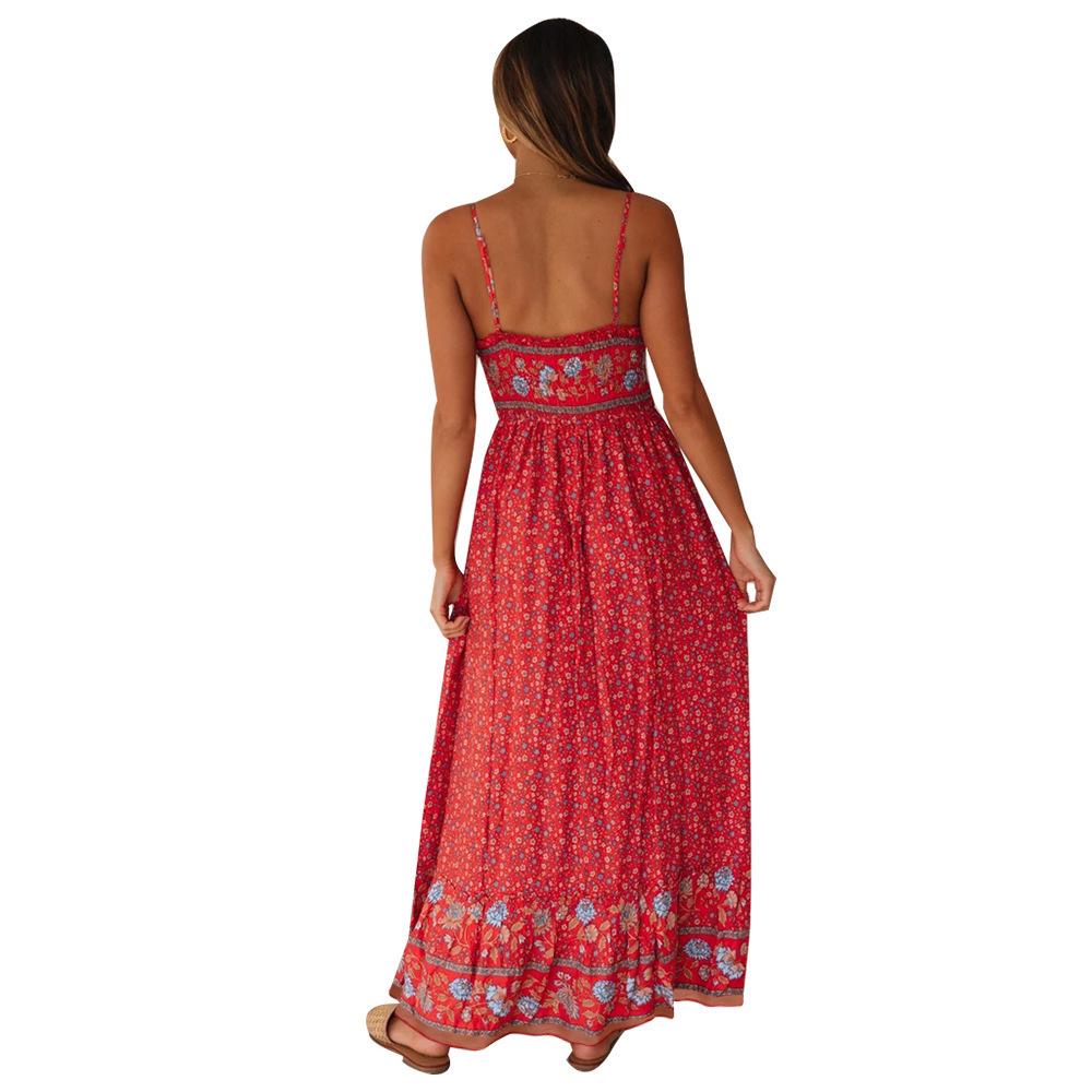 2026 Summer Bohemian V-Neck Floral Spaghetti Strap Maxi Dress for Women