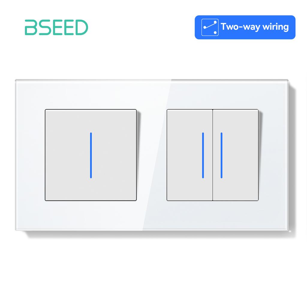 BSEED 1/2Gang Mechanical Light Switches 2way Pass Through Switch With EU Socket USB Type-c LED Indicator Glass Frames E Series