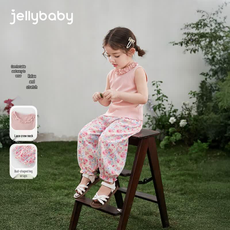 JELLYBABY Girls' French Ruffle Sleeveless Vest & Pants Set