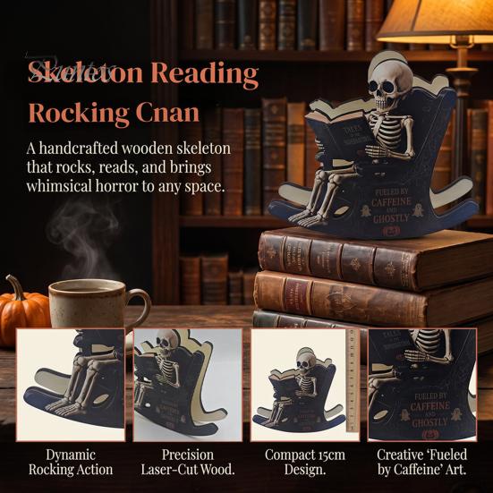 Spooky Bookshelf Ornament Halloween Rocking Chair Ghost/Skeleton Ornament, Wooden Desktop Decoration, Dynamic Ghost Decoration Figurine for