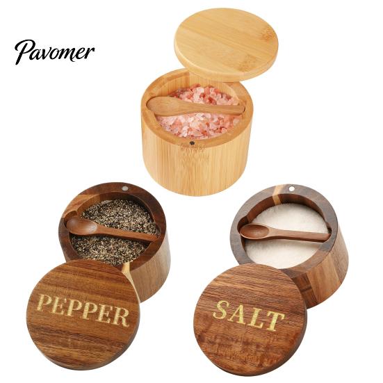 Rustic Kitchen Spice Organizer Wood Salt Container with Swivel Magnetic Lid, Built-in Spoon Seasoning Jar Jar, Moisture Proof for Countertop Solid Box