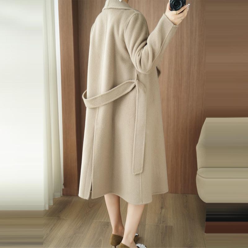 2025 Autumn/Winter Korean Style Double-Faced Wool Coat with Belt and Large Lapel, Over-the-Knee Mid-Length