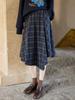 Yimeng 2025 Elegant Dark Blue Plaid Midi Skirt with Irregular Design - Autumn/Winter Korean Style.