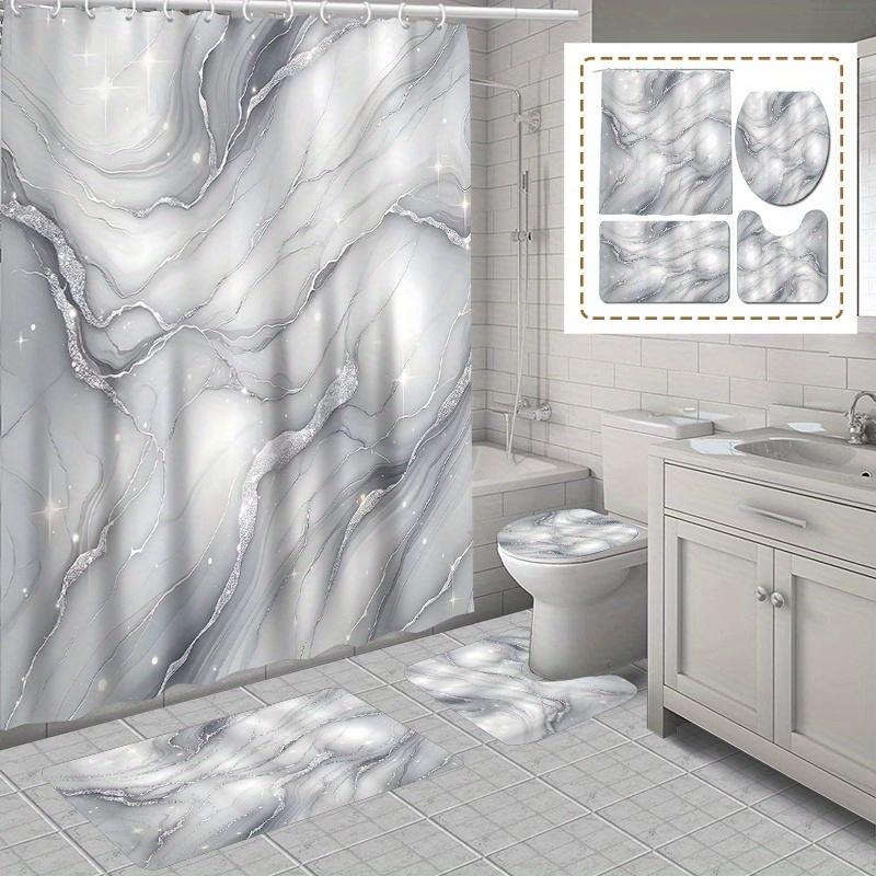 1/4 Stück Weißer Marmor Wasserdichter Duschvorhang Set Dekoratives Badezimmer-Set Rutschfester Teppich Toilettendeckel Badematte Und 12 Haken