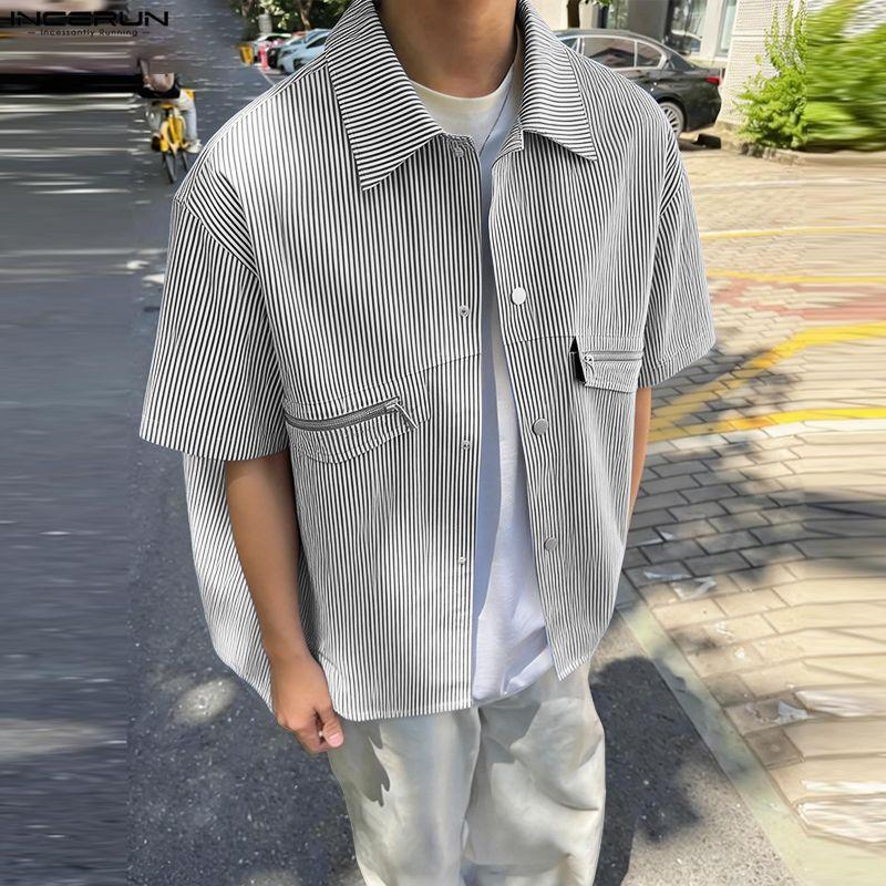 Lapel Incerun Men Oversized Neck Short Sleeve Striped Splicing Casual Summer Shirts