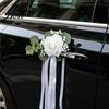 Weather Resistant Car Decor Wedding Door Handle Flower with Ribbon Tie And Green Leaves, White Artificial Realistic Petal Rose Rearview Mirror Bouquet