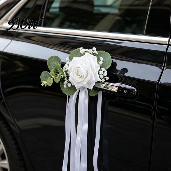 Weather Resistant Car Decor Wedding Door Handle Flower with Ribbon Tie And Green Leaves, White Artificial Realistic Petal Rose Rearview Mirror Bouquet