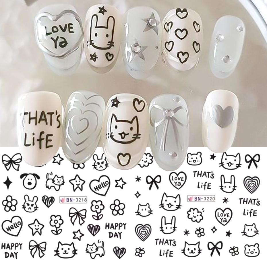 12pcs Cartoon Cute Cat Stickers For Nails Star Flower Bow Nail Water Decals Sliders Korean Japanese Nail Art Manicure Decoration
