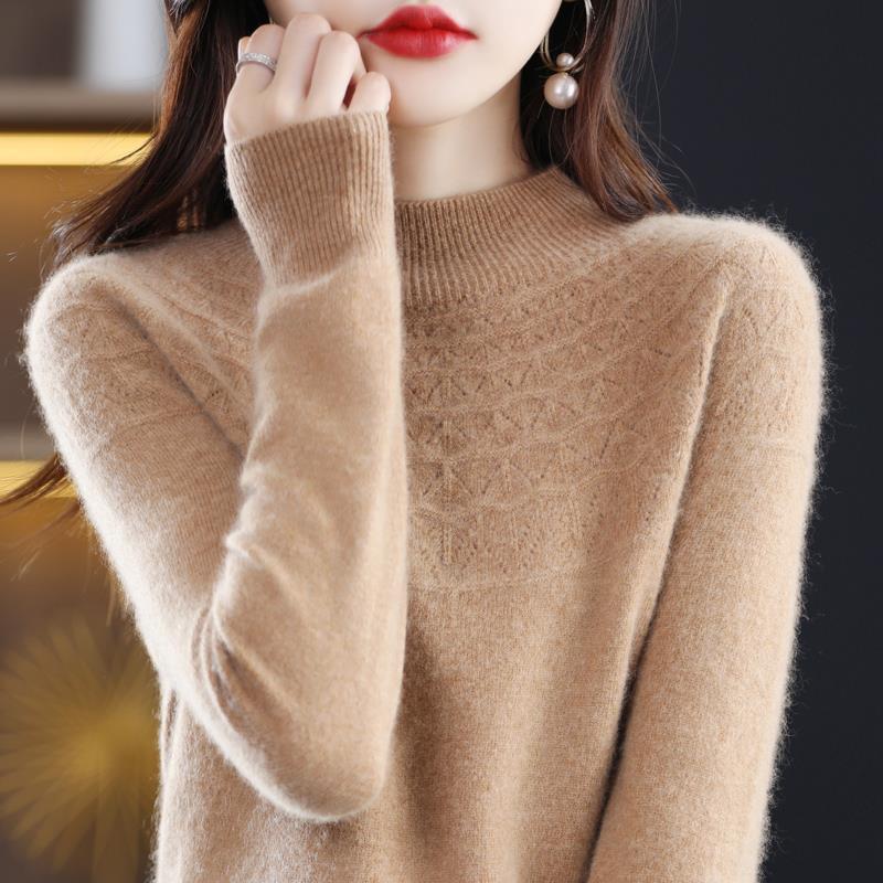 Women's Slimming 100% Wool Half-High Neck Sweater, Seamless Cashmere Knit Base Layer, Autumn Winter Loose Top with Hollow-Out Design