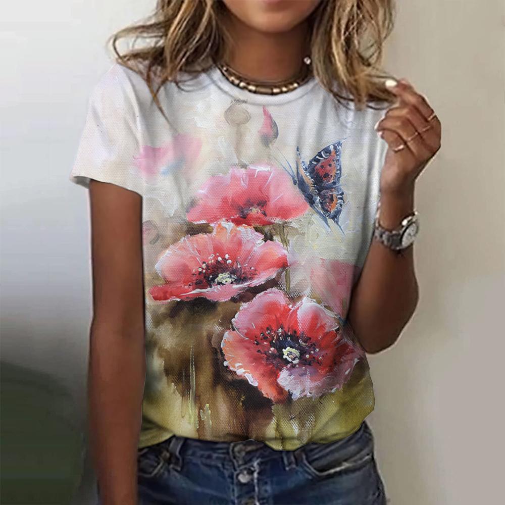 

Летняя женская футболка с 3d цветочным принтом, элегантная, с коротким рукавом для девочек, футболки с круглым вырезом, повседневные повседневные топы, женская уличная одежда 3XL