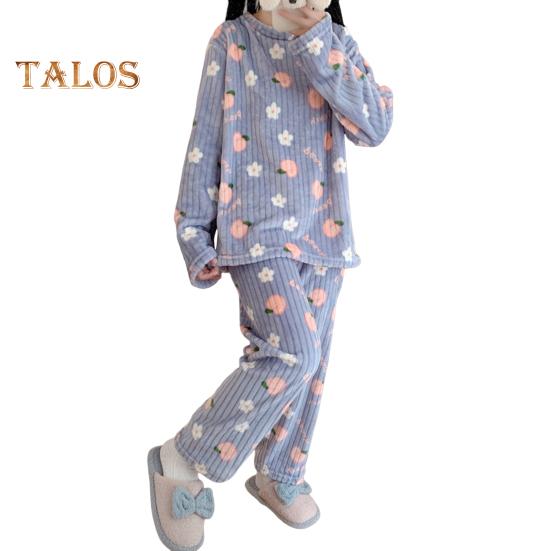 

2 шт./комплект Женская зимняя пижама с круглым вырезом и рисунком медведя и персика, длинный рукав, коралловый флис, домашняя одежда, топ и штаны, комплект, свободная домашняя одежда для женщин синий