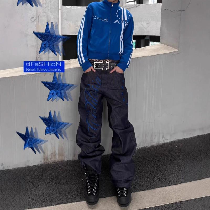 Mens Oversize Straight Leg Jeans Vibe Style Embroidered Raw Denim Pants Casual Stacked Fit