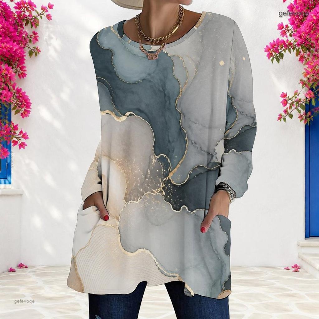 Women Plus Size Round Neck Long Sleeve Abstract Printed Loose Longline T Shirt With Pockets