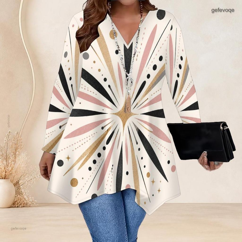 Women Plus Size V Neck Long Sleeve Irregular Split Hem Tunic Top Black Golden Swirl Print