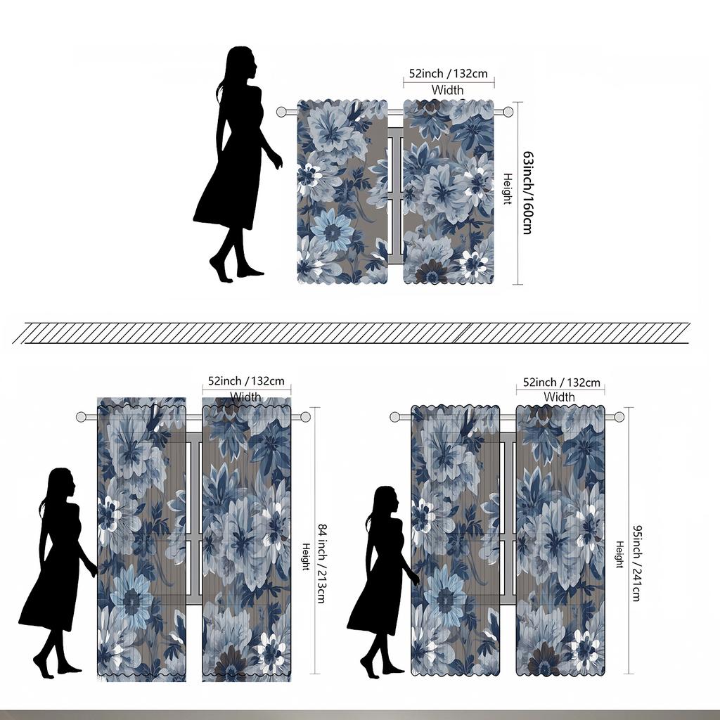 2Pcs Blue & White Floral Print High-Definition Digital Curtains - Double Fan Design, Semi-Transparent, Machine Washable Polyeste